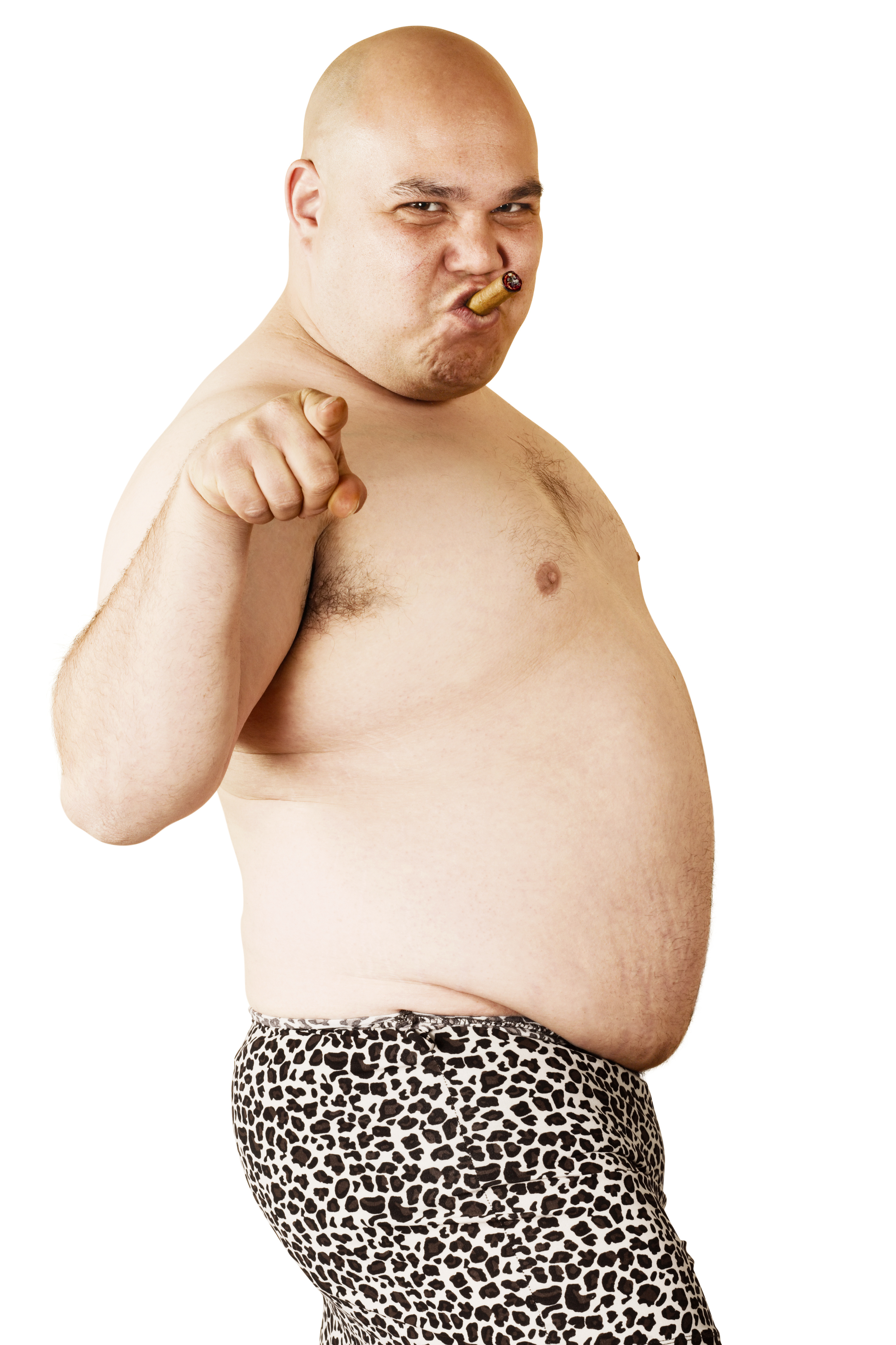 A cigar-smoking slightly overweight bald male wearing an animal-print skirt and pointing at you.  So Sexy. Harsh lighting for more disturbing feel.
